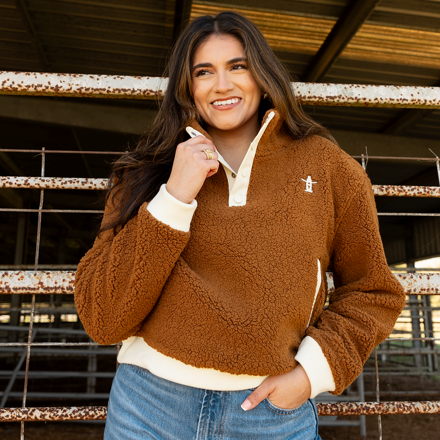 Ladies Sherpa Snap Pullover - Coyote/Oatmeal – Houston Livestock Ladies Sherpa Snap Pullover - Coyote/Oatmeal – Houston Livestock