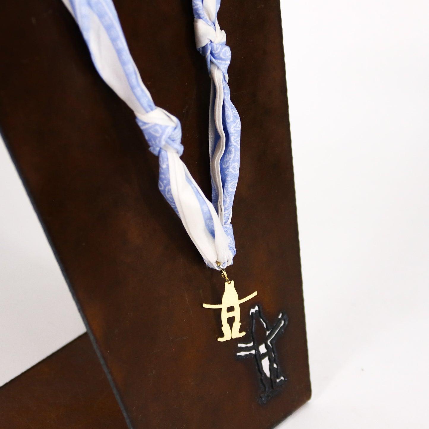 Scarf Necklace with Bow-H Charm - Blue/White