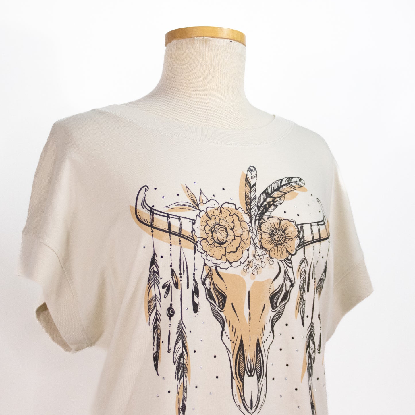 Ladies Rhinestone Skull Tee - Natural
