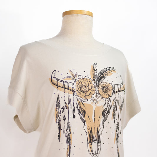 Ladies Rhinestone Skull Tee - Natural