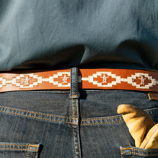 RH Embroidered Leather Belt - Brown