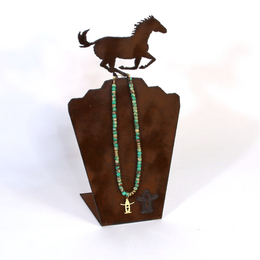 Beaded Necklace with Bow-H Charm - Turquoise/Green