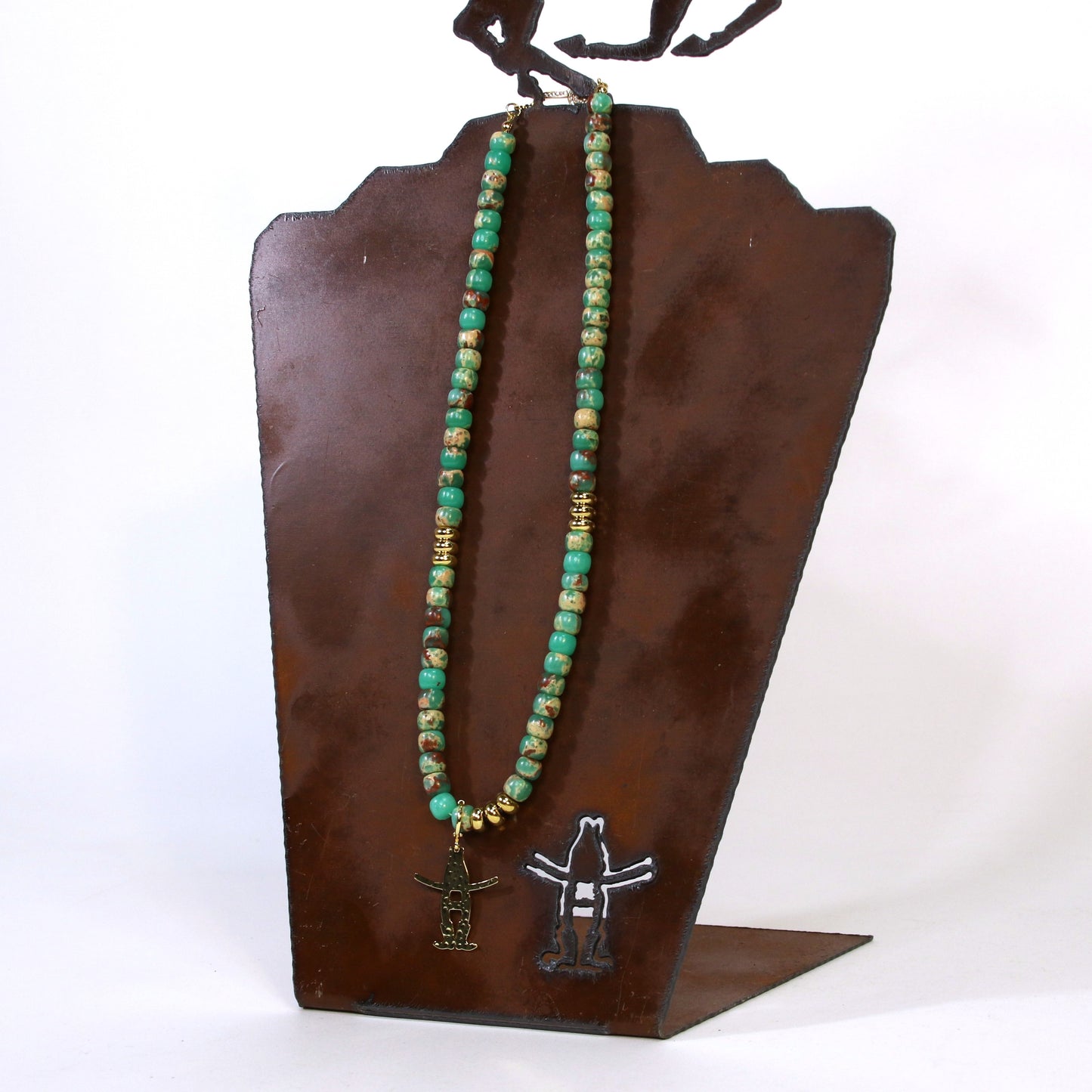 Beaded Necklace with Bow-H Charm - Turquoise/Green