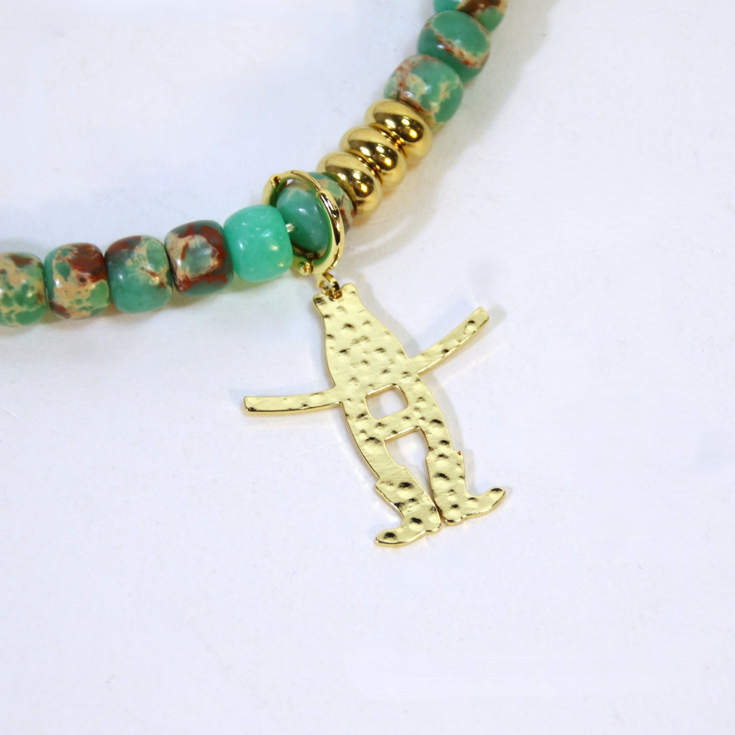 Beaded Necklace with Bow-H Charm - Turquoise/Green