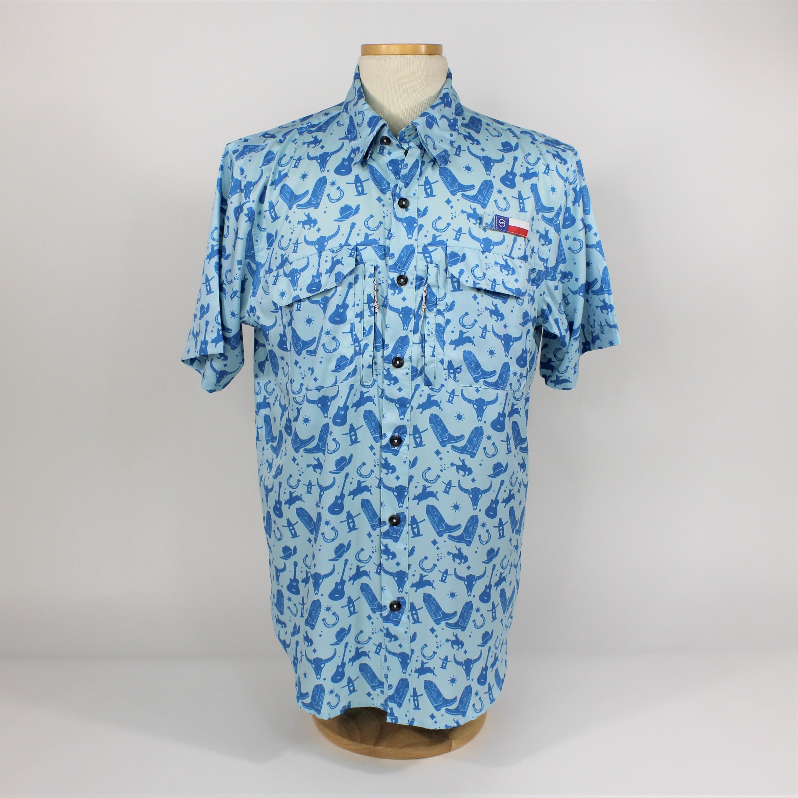 Magellan Print Fishing Shirt Navy Houston Livestock Show and Rodeo