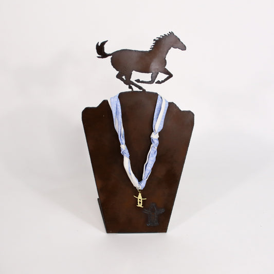 Scarf Necklace with Bow-H Charm - Blue/White